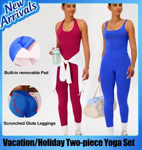 Jetjoy 2 Pieces Workout Sets for Women, Seamless Workout Sets for Women 2 Piece Halter Neck Sport Bra Hidden Scrunch Leggings Yoga Exercise Outfits Gym Clothes