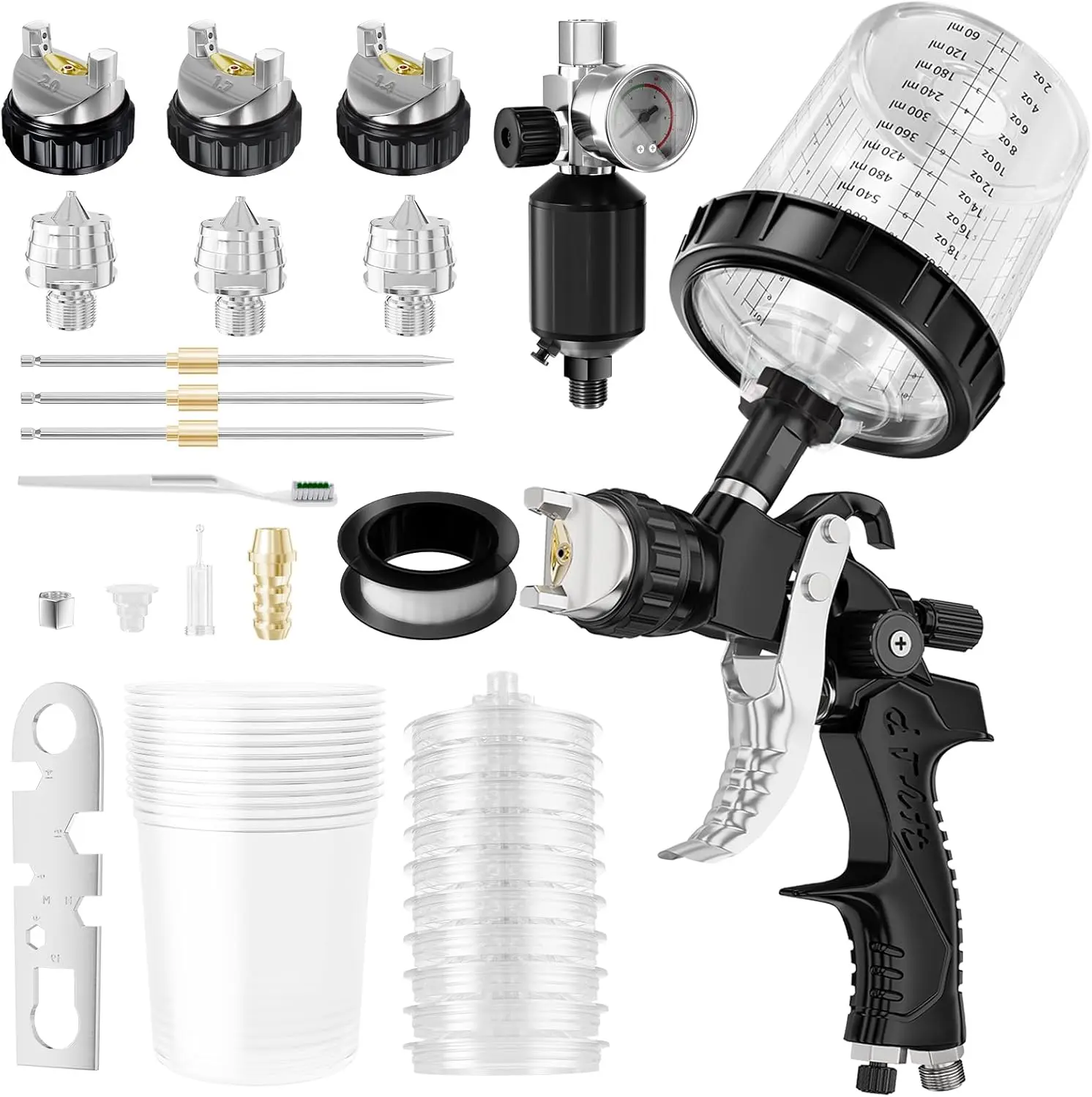 HVLP Air Spray  with 1.4/1.7/2mm Nozzles & Air Compressor Regulator, Air Spray   w/10pcs 600cc Mixing Cup and Lids, Automotive  Sprayer for , House Painting, Furniture
