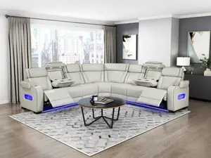 Homelegance 9516TPES-33L3RPWH 3 pc Bastrop fortuner taupe faux leather sectional sofa with power motion recliners LED lighting