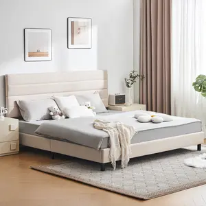 Furnimart Contemporary Modern Upholstered Platform Bed with Faux Linen, Small Apartment, Neutral Bedroom Bed Frame Earthy Home Decor King Queen Size