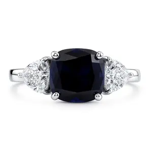 3-Stone 3ct Sapphire-Blue Cushion CZ Ring in Sterling Silver