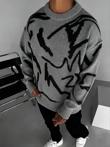 Men's Multicolor Abstract Graffiti Sweater, Vintage and Trendy Design, Perfect with Jeans, Street Style High Fashion
