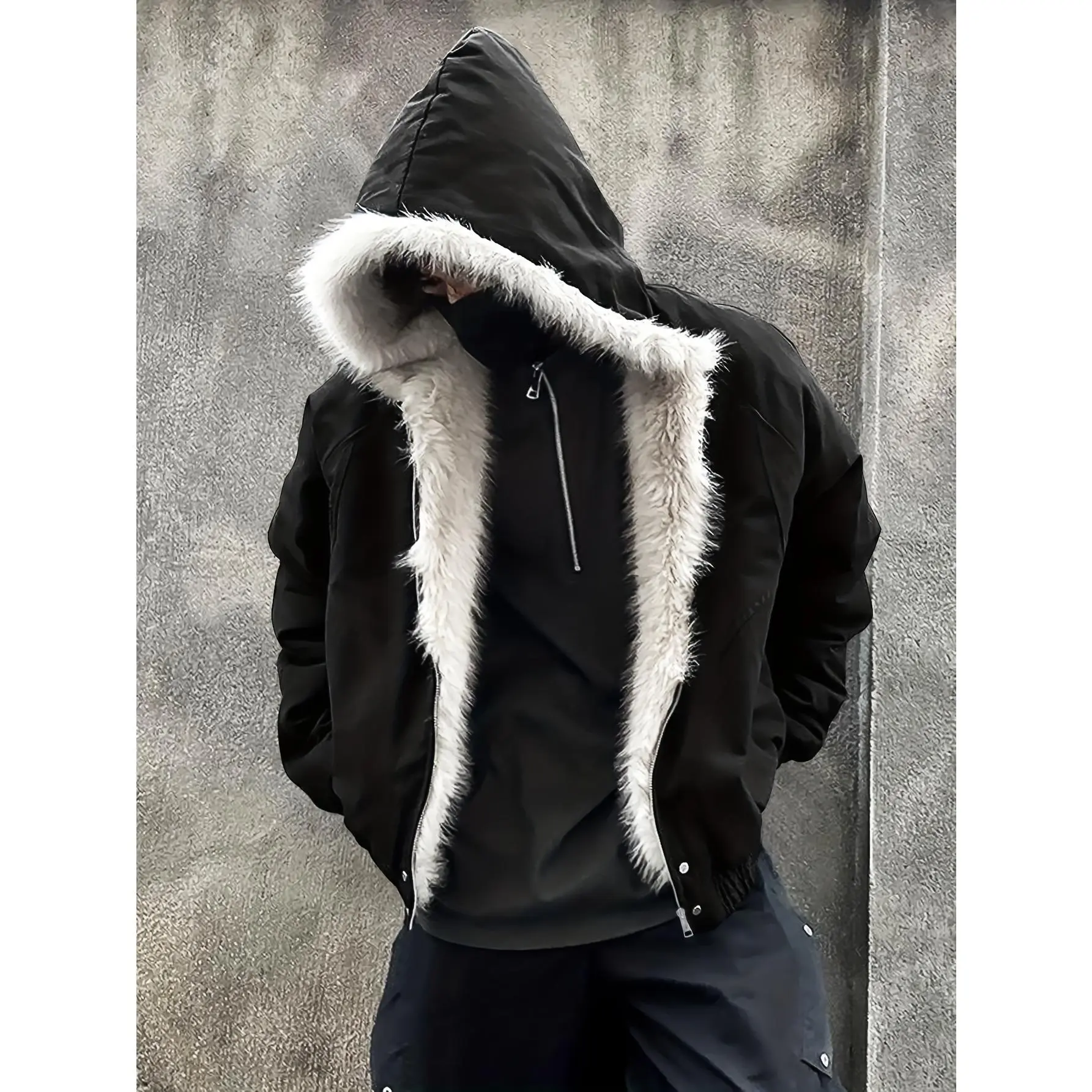 Menswear Hooded Puffer Coat Long Sleeve, Full Zip, Faux Fur Collar, Winter Warm Filled, Cold Ready Hood, Hooded Shields Ears and Neck, Beige/Black, Hand Washable, Casual Outdoor Top, XL Available