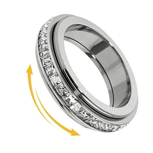 2026 New Rotatable Anxiety Ring for Women & Men Titanium Steel Spinner Fidget Band with Cubic Zirconia Relieving Anxiety Comfort Fit Size 6-9