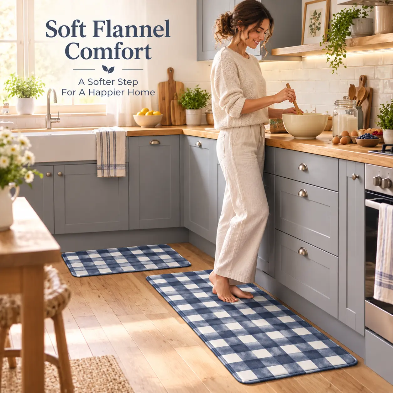 Modern Farmhouse Plaid 2 Piece Set Kitchen Mats for Floor Anti Fatigue Waterproof & Non-Skid Kitchen Rugs Cushioned Kitchen Mat for Standing Washable Comfort Desk Kitchen Runnersflannel material