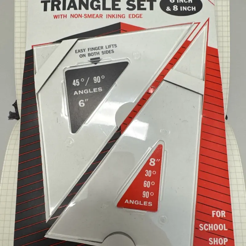 Vintage Sterling Plastics Drafting Triangle Tool Set - 6-in, 8-in Non-Smear Ink Edge, Lightweight and Strong, Thermally Fused Yellow Powder Paint Finish, Visibility & Personal Safety, 1963 New Old Stock