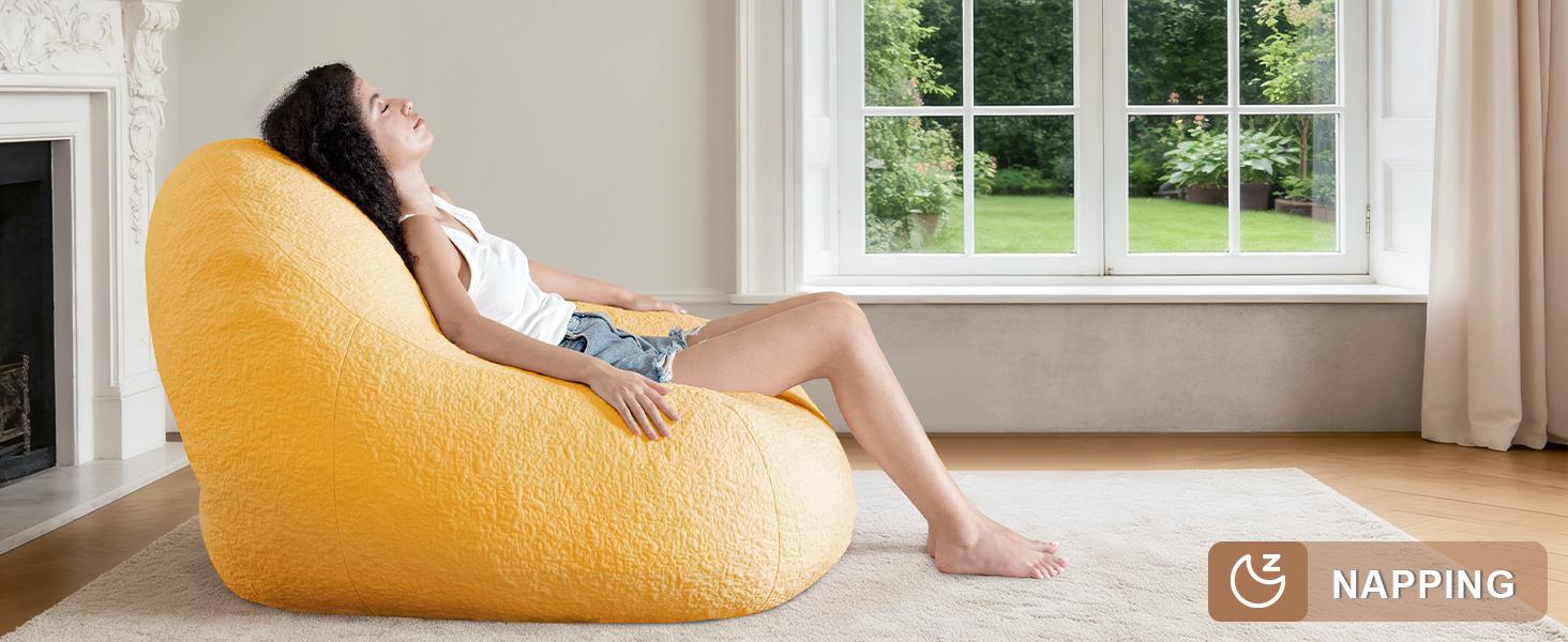 NABUMI 4FT Large Bean Bag Chair for Adults - Big Boneless Floor Chair with Foam Filling, Ergonomic Memory Foam Sofa, Oversized Bean Bag Sofa for Reading and Gaming in Bedroom, Living Room, Dorm, Yellow, Pink, White, Gray