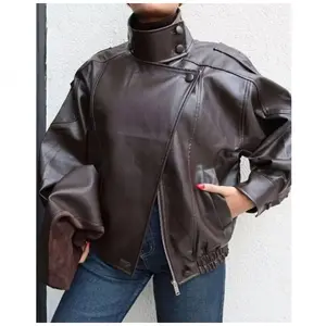 Faux Leather Stand Collar Oversized Moto Jacket, Elastic Hem Streetwear, Casual Long Sleeve Water- and Wind-Resistant Outerwear for Spring & Fall, Ladies Clothes for Daily Wear, Chic Outerwear