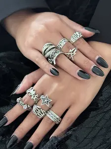 10 Piece Vintage Silver Color Totem Ring Set with Dice Star Patterns, Punk Style Rings Stacking Ring Set for Unique Fashion Accessories and Gifts
