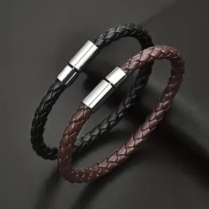 2Pcs Claccis Men's Retro Braided Detail Bracelets Set Vintage Handmade Braided PU Leather Wristband Versatile Daily Wear Accessories