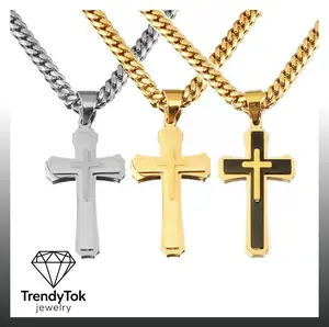 Men's and women's gold and silver three-layer cross pendant, paired with a 24-inch gold-plated long chain, featuring a hip-hop religious style, is an excellent gift choice. charm jewelry gift mens  3d  cross  necklace