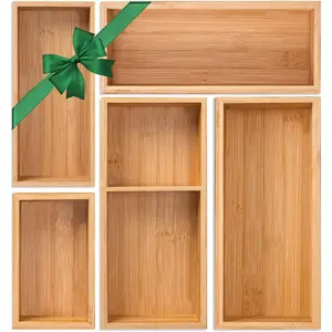 5 Pcs Bamboo Drawer Organizer Multi-purpose Storage Dividers, Wooden Drawer Dividers for Kitchen Office Jewelry Cosmetics, Ideal Desk Organizer Perfect Gift Idea for Women