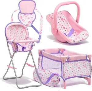 Baby Doll Nursery Set for Toddlers – 4-in-1 Pretend Play Set with Doll Bed, High Chair, Carrier & Rocking Chair – Purple Doll Accessories for Girls Ages 3–5