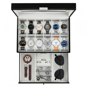 12 Slot PU Leather Lockable Watch Storage Boxes, Jewelry Display Drawer Case, 2-tier Organizer Watch Showcase with Glass Lid, Christmas Gift for Men & Women (Black)