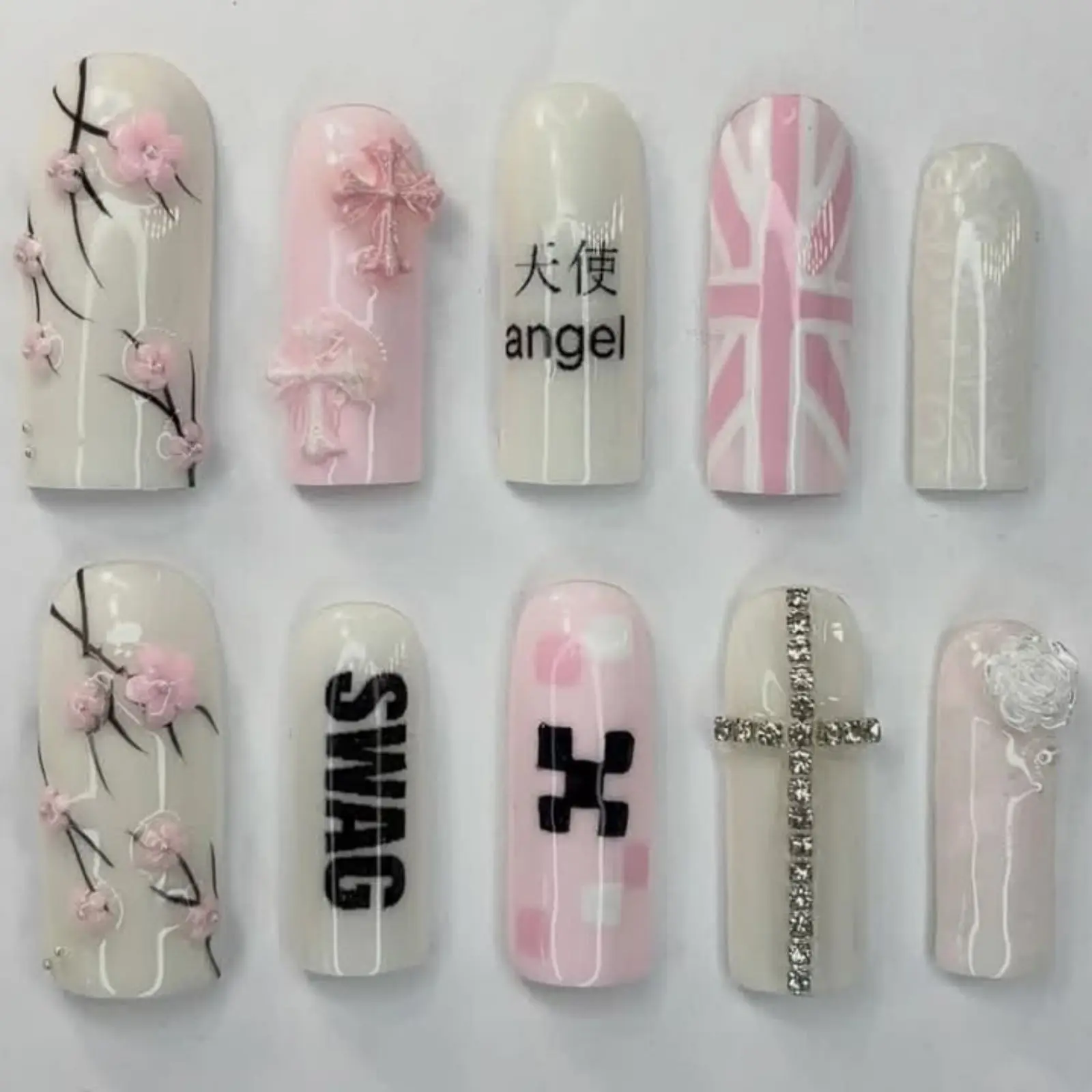 Pink Angel Cherry Blossom Nail Art | Y2K Kawaii Handmade Press Ons | Coquette Cross Press On Nails