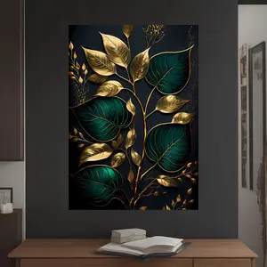 Sage Green Large Wall Art Prints Easy to Hang,Pattern,Home Decor Rooms, for Friends and Family Poster Ornaments Artistic Decoration Photo Dark Green & Golden Leaf Canvas Art, Frameless  only poster Wall Decor for Living Room and Bedroom，poster