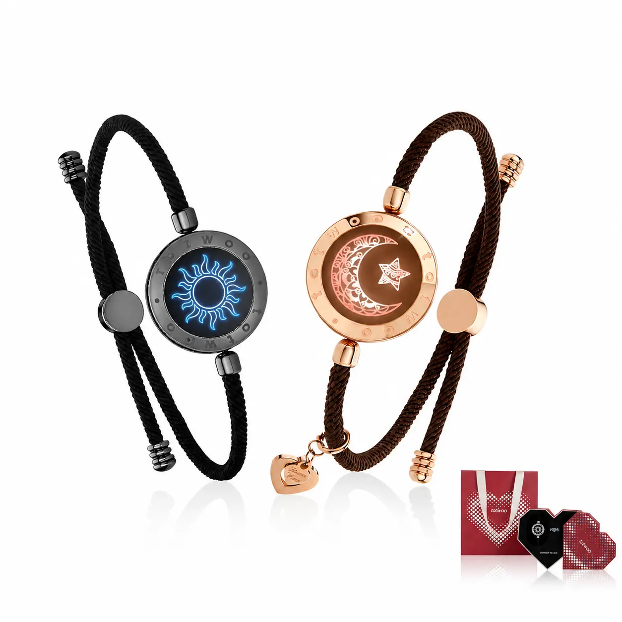 TOTWOO Sun and Moon Long Distance Touch Couple Smart Bracelets - Classic Design Romantic Costume Jewelry with 1-to-1 Bluetooth Pairing, Light-Up & Vibration Features, App-Connected Jane Austen Inspired Heartfelt Emotions Birthday Gift Ideas