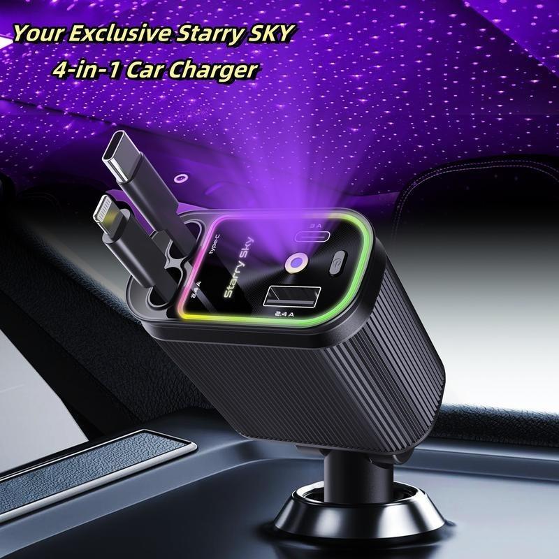 4-in-1 Car Roof Super Fast Retractable Car Charger with Anti-Tangle Retractable Cables, Dual Charge Port，Starlight In Roof Fast Charging Adapter -Automotive  car charger  starlight led charger No aromatherapy
