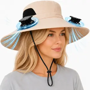 Solar Fan Hat for Men and Women, Wide Brim UPF 50+ Sun Protection Fishing Hat with Dual Cooling Fans, USB Rechargeable 3 Speed Hands Free Bucket Hat for Hiking, Camping, Beach, Gardening and Travel