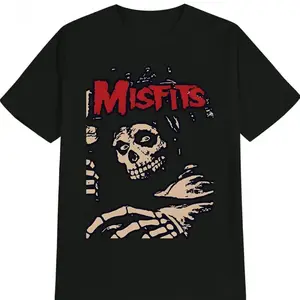 Men'S Vintage Misfits Graphic T-Shirt, Casual Crew Neck, 100% Polyester Knit Fabric, Slight Stretch, Summer Short Sleeve Tee, Y2K Anime Horror Dark Humor Band Theme, Regular Fit, 180gsm - Black