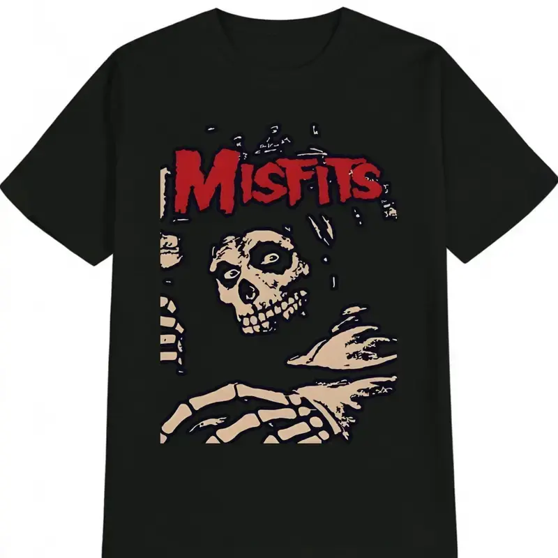 Men'S Vintage Misfits Graphic T-Shirt, Casual Crew Neck, 100% Polyester Knit Fabric, Slight Stretch, Summer Short Sleeve Tee, Y2K Anime Horror Dark Humor Band Theme, Regular Fit, 180gsm - Black
