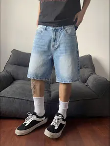 American Vintage Light Blue Denim Shorts, Casual Fitted Style, Drawstring Waist, Pockets, Short Length, Men's Fashion Pants