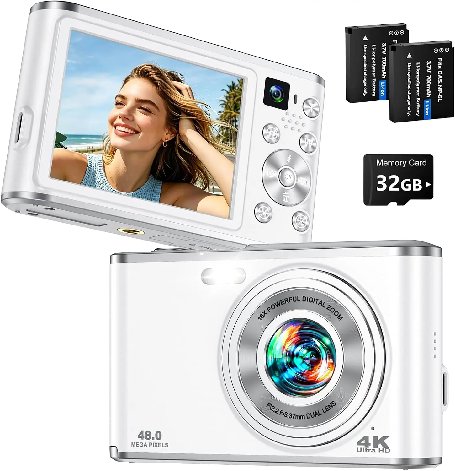 4K Digital Camera for Photography - 48MP Dual Lens Autofocus Vlogging Camera for YouTube, 16X Zoom Compact Point and Shoot Camera for Kids, Teens & Beginners, White with 32GB Card, 2 Batteries
