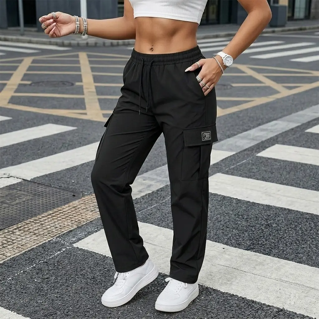 Women’s all-season cargo pants with multiple pockets, stylish large pocket design, elastic drawstring waist, straight-leg long pants for casual outdoor/daily wear