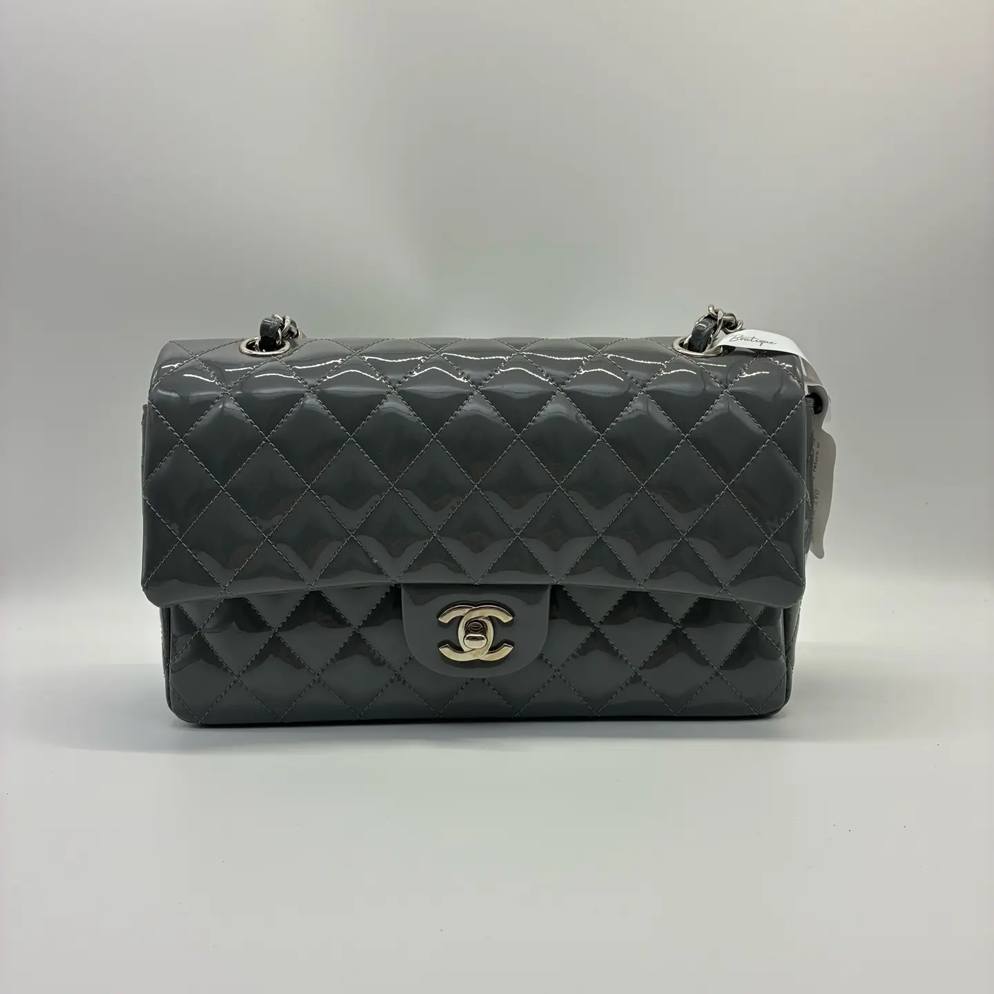 Pre-owned CHANEL Classic Flap Medium Shoulder Bag Grey Patent Leather Silver Hardware