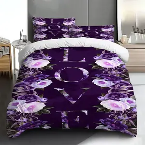 Three-piece bedding set - 2pcs/3pcs 2D Flat purple floral LOVE pattern duvet cover set (1 duvet cover + 1/2 pillowcases, no insert), multi-color printed bedding set, soft and comfortable, suitable for family bedrooms and guest rooms.