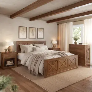 4 Piece Bedroom Set,Farmhouse Queen Bedroom Furniture Sets with Wooden Platform Bed Frame, 2 Storage Nightstands and 1 Dresser, Retro Queen Size Bedroom Set, 650LBS Heavy‑Duty Frame