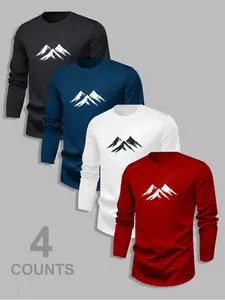 Men's Classic 4-Piece Mountain Print Graphic Long Sleeve T-Shirt Set, Casual Fashionable Fitted Top for Fall & Winter, Essential Basics for Daily Wear