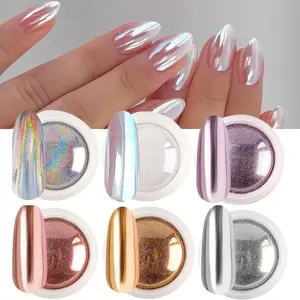 Six-color chrome nail powder set, mirror-effect metallicpigment, ultra-fine holographic rainbow iridescent nailpowder, suitable for DIY nail art, multiple color options,nail decoration set