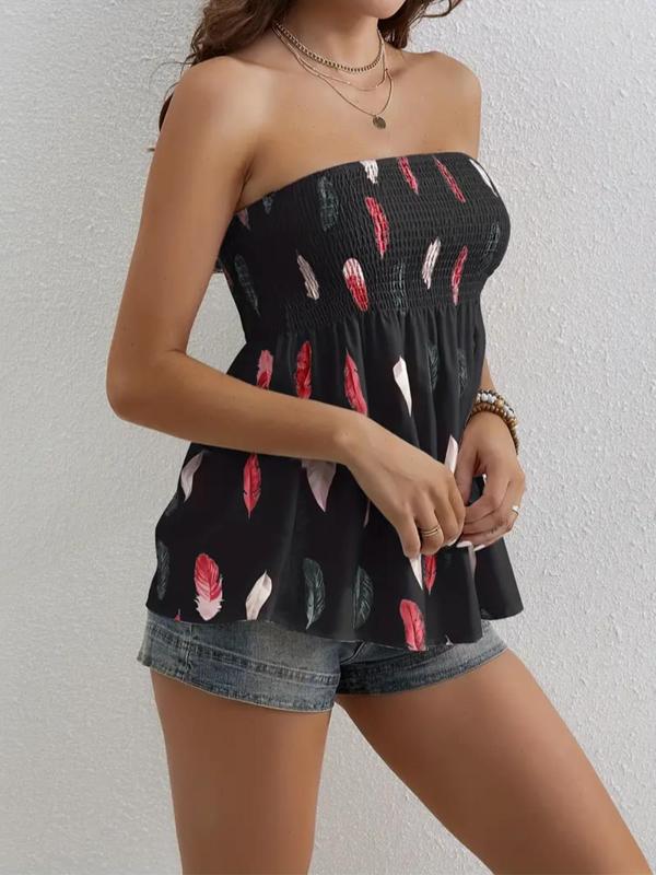 Plus Size Feather Print Shirred Peplum Tube Top, Boho Sleeveless Top, Casual Strapless Top for Beach Holiday Vacation, Women's Clothes for All Seasons