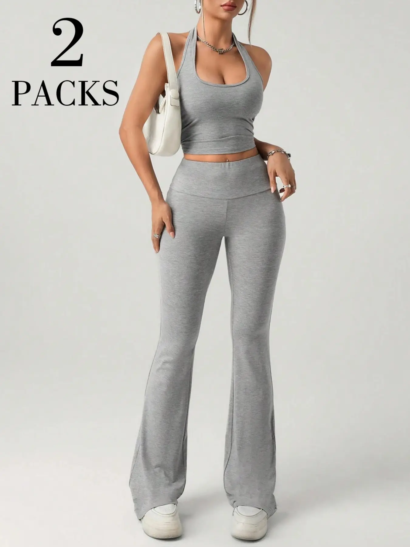 2 Packs Women's 2 Piece Matching Outfits, Halter Neck Crop Tank Top and High Waisted Flare Leg Pants, Soft Slim Fit Casual Everyday Loungewear, Y2K Streetwear Trend