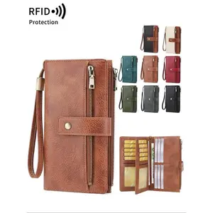 New Rfid Anti-Theft Vintage Commuter Women's Wallet, Stylish Wallet, Multi-Function Trifold Long Wallet, Card Slots ID Window Cash Phone Holder
