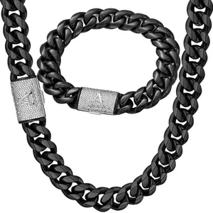 Initial Bling Jewelry Black Miami Cuban Link Chain with Silver Diamonds Clasp 14mm Stainless Steel Charactor A-Z Letter CZ Necklace Bracelet 7.5 - 30"