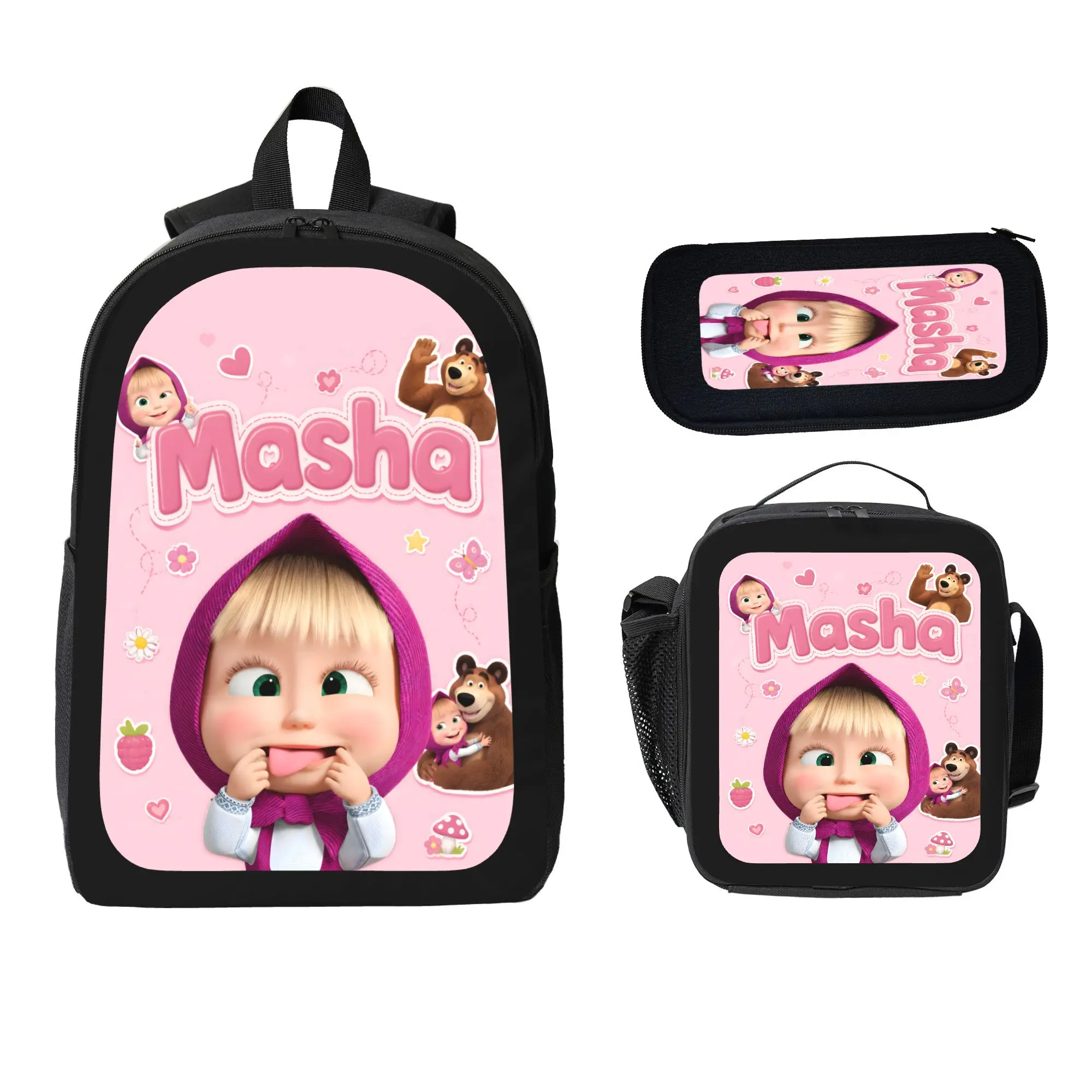 Masha and the Bear Cartoon Pattern Backpack Set - 3PCS Polyester Unisex Preppy Cute Coordinated Set, Daypack with Built-in Organizer, Lunch Bag & Pencil Case, School Supplies for Elementary School Kids, Birthday Gift