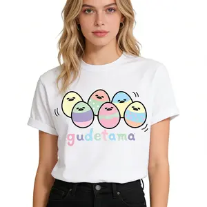 Women's Casual Short-Sleeve Seamless Fit Easter Egg T-Shirt - Pastel Decorated Egg Graphic Tee, Ideal Gift for Sanrio Lovers, Easter Celebrations PLK0108