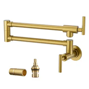WOWOW Pot Filler Faucet Brushed Gold Commercial Wall Mount Stove Faucet, Brass Pot Filler Folding Faucet Over Stove with Double Joint Swing Arms