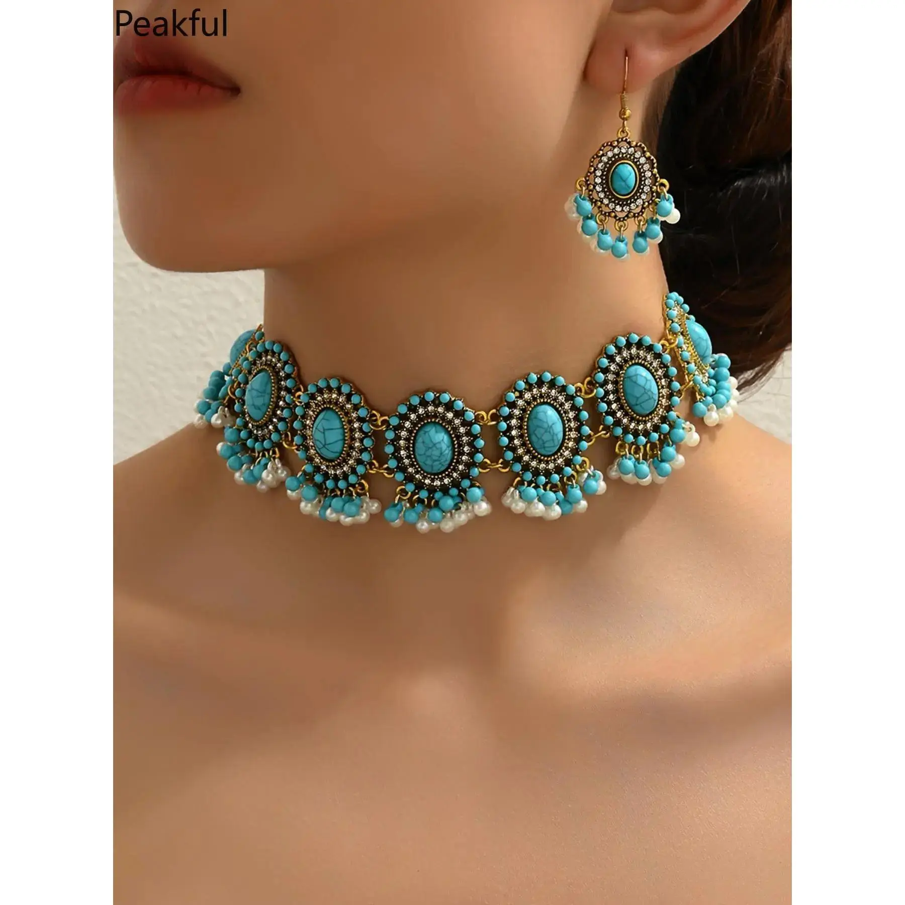 Vintage Bohemian Turquoise Bead Jewelry Set, Popular Women’s Necklace & Dangle Earrings Combo, Minimalist Retro Trendy Ornament, comfortable wearing experience and vintage charm, great for street looks, dating occasions and daily decorative matching