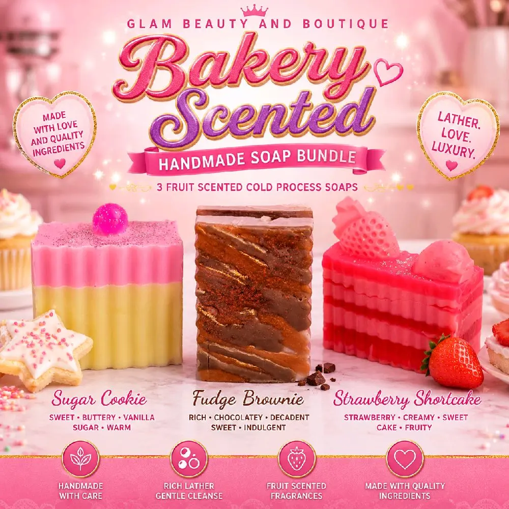 Handmade Bakery Aroma Goat Milk Soap Bundle - 3 All-Natural Gentle Body Care Soaps with Shea Cream (Sugar Cookie, Fudge Brownie, Strawberry Shortcake), Moisturizing