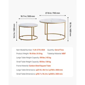 VEVOR Nesting Coffee Table Set of 2, 27.6 in Round Coffee Table, Nesting Tables for Small Place, Vintage End Side Tables Night Stand with Metal Frame, for Living Room, Bedroom, Office (White Gold)
