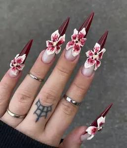 AngieNails – Vampire Bloom Press On Nails – Gothic Red Stiletto Nails with 3D Floral Art, Handmade Blood Rose Nails for Dark Glam Looks – AN255