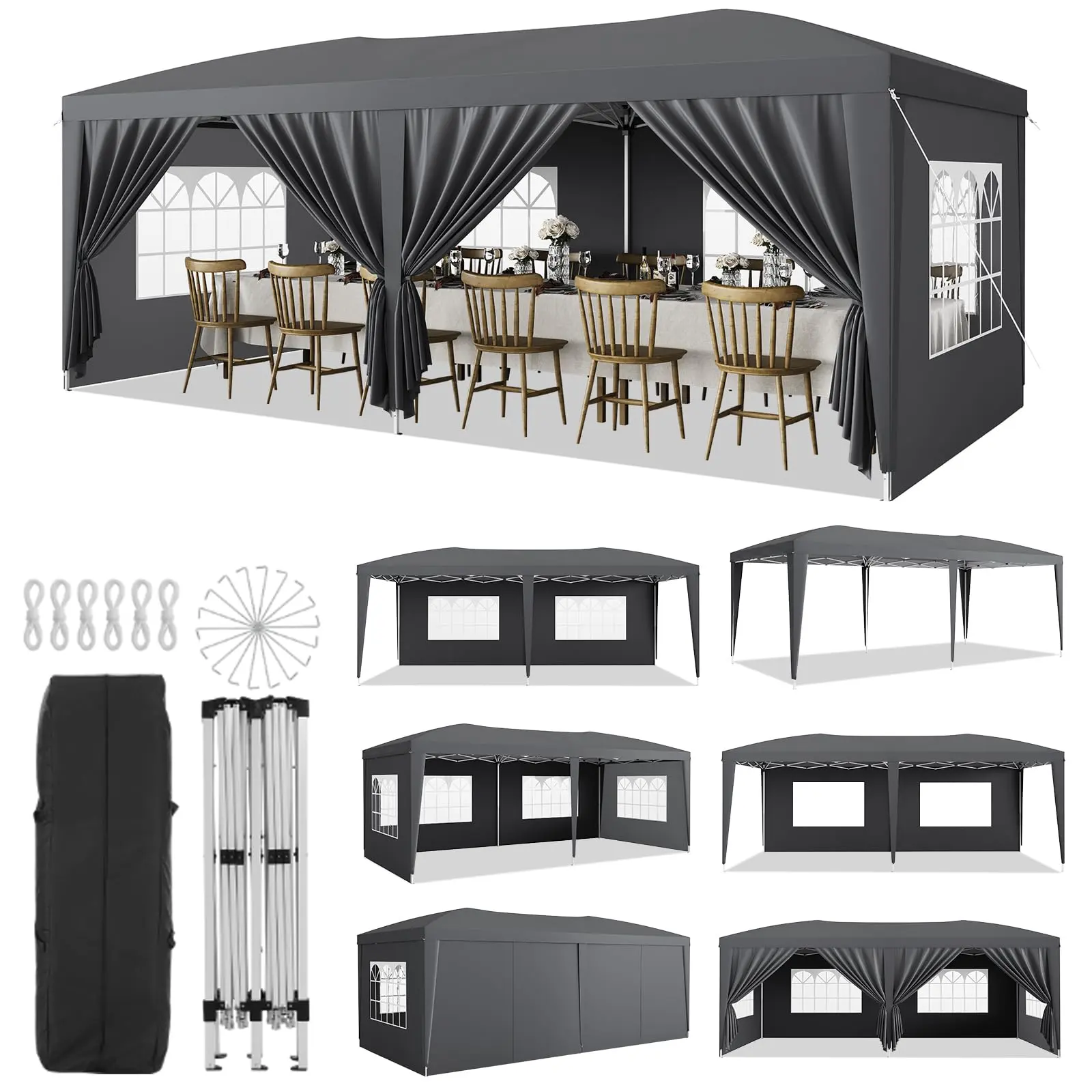 Garvee 3x6m Dark Gray Pop Up Canopy Tent (10x18 Cross Tubes), 210D Oxford Fabric Outdoor Canopy with PE Windows, UV Protection 50+ Shelter for BBQs & Commercial Gatherings