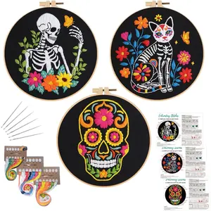 3 Sets Halloween Embroidery Kits for Beginners,Cross Stitch Kit for Adults,DIY Starters Needlepoint with Skull  Pattern,Including Instruction