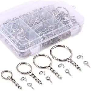300 count Key Chain Rings Kit, 100 count  Rings with Chain and 100 count Jump Ring with 100 count Screw Eye Pins Bulk for  Findings Making - 3/5 Inch, 4/5 Inch, 1 Inch, 6/5 Inch (Sliver)