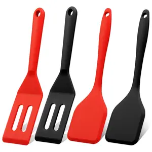 4 Pack Mini Silicone Brownie Serving Spatula Set Flexible Non Stick Serve Turner Heat Resistant Cooking Spatula for Flip Eggs Crepe Steak Pizza Kitchen Utensil (Red, Black)