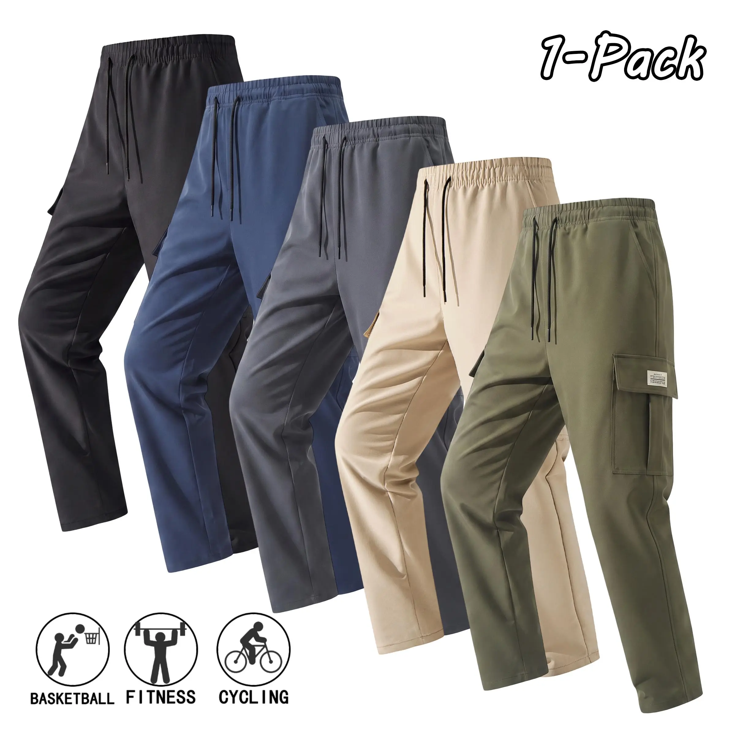 Men’s casual fashion new solid-color versatile cargo pants for spring and autumn, 100% polyester, multi-pocket design, suitable for everyday wear, commuting to work, and street outings.
