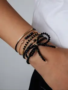 Fashion Simple Glass Bead Bow Bracelet Set, Adjustable Braided String Beaded Jewelry for Holiday Birthday Gift Bangles Bracelets Set
